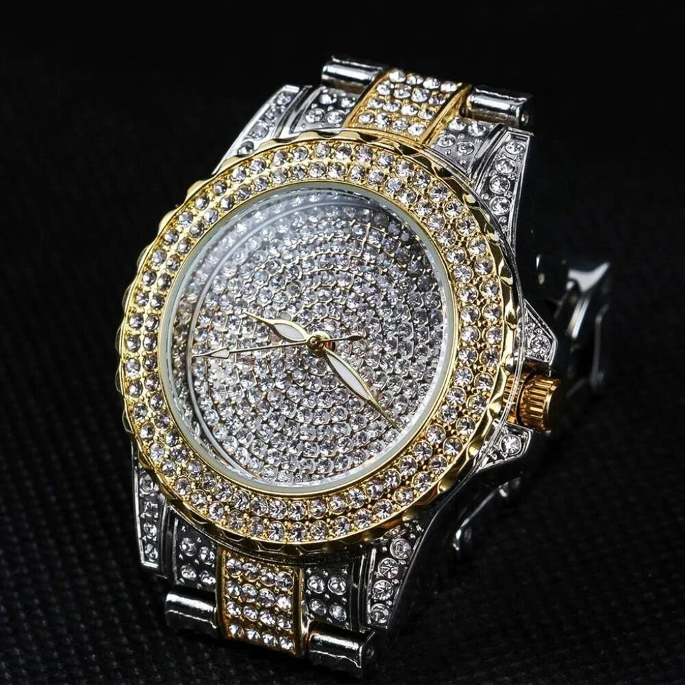 Women's Mix Gold Crystal Rhinestone Diamond Stainless Steel Iced Out Wristwatch